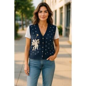 "MARISA CHRISTINA" The Christmas Co. SZ L 1996 Angel Sweater Vest Y2K Buttons